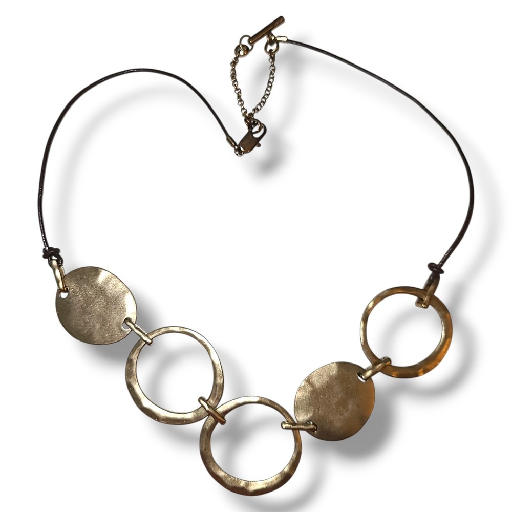 Vintage Kenneth Cole Matte Gold Tone Modernist Disc Necklace Brown Cord